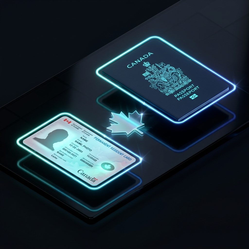 3D Canada Permanent Resident Card and Passport with Glowing Neon Border
